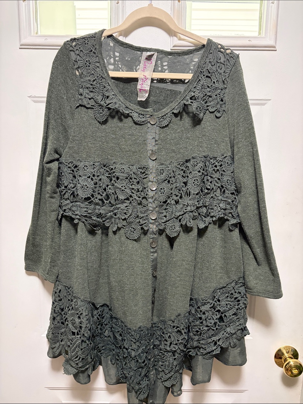 Pretty Angel Olive Green Crochet-Trim Button Front Tunic